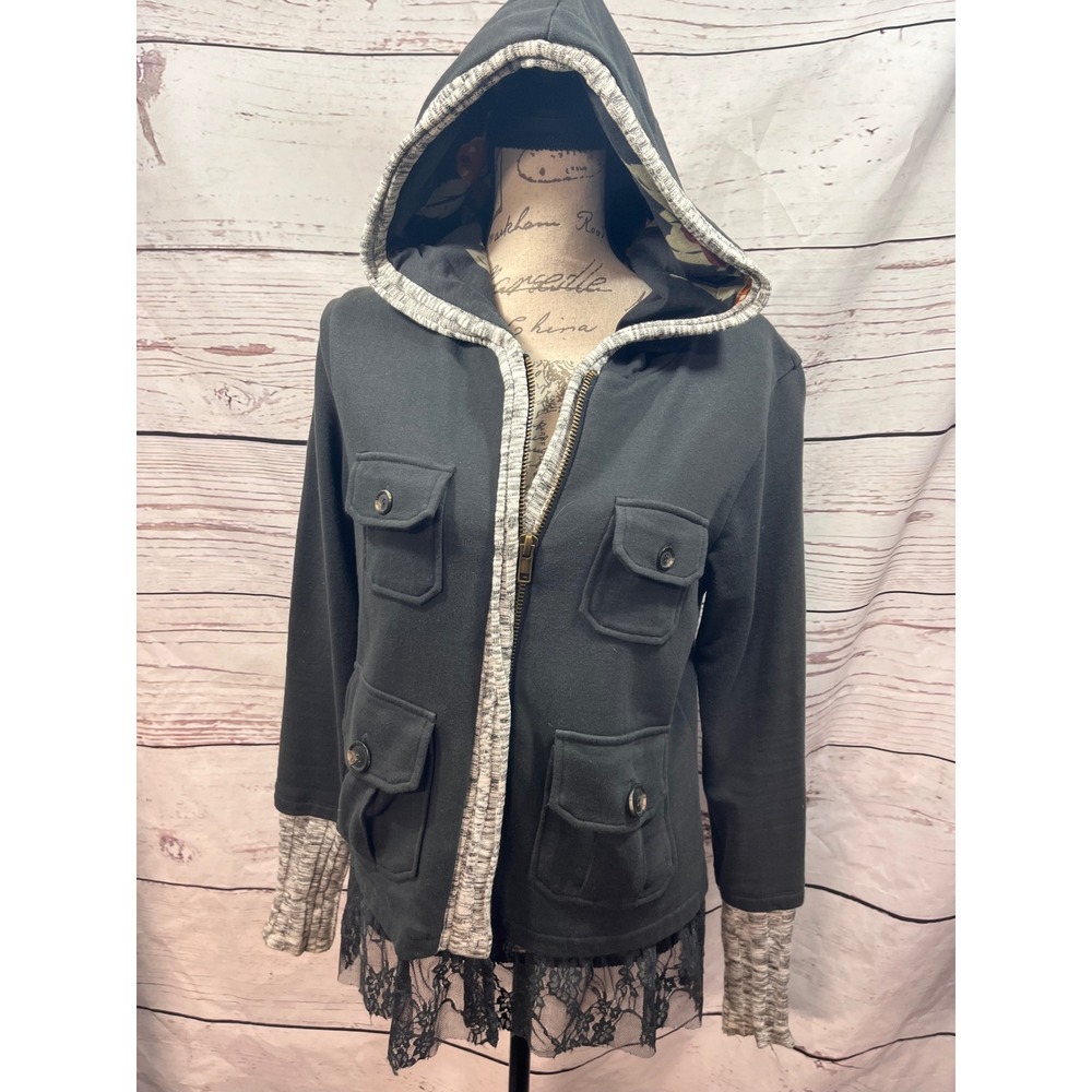 Scrapbook Womens Charcoal Grey Lace Hem Utility Full Zip Hoodie Floral Lined L